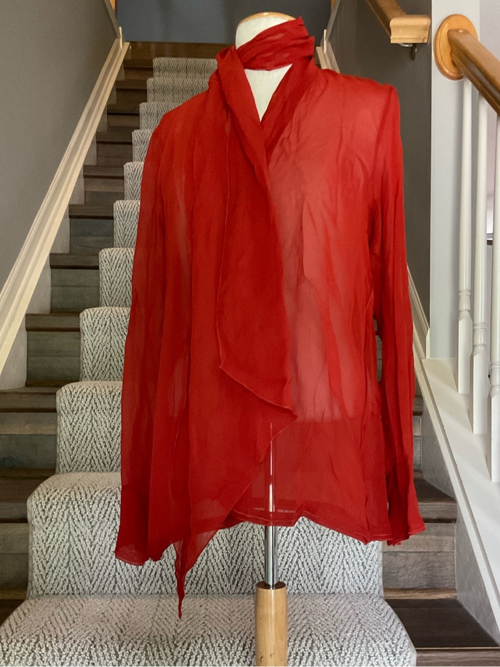 Zara Rust Red Sheer Scarf-Neck Blouse - Women Tops